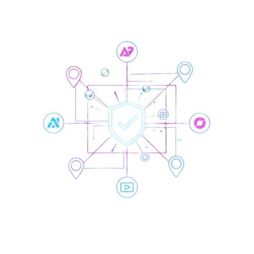 Illustration 3D futuriste d'un réseau de référencement local (citations) sur fond sombre. Des icônes de géolocalisation et des badges de vérification néon bleus et roses sont reliés par des lignes lumineuses, symbolisant la visibilité numérique et la confiance